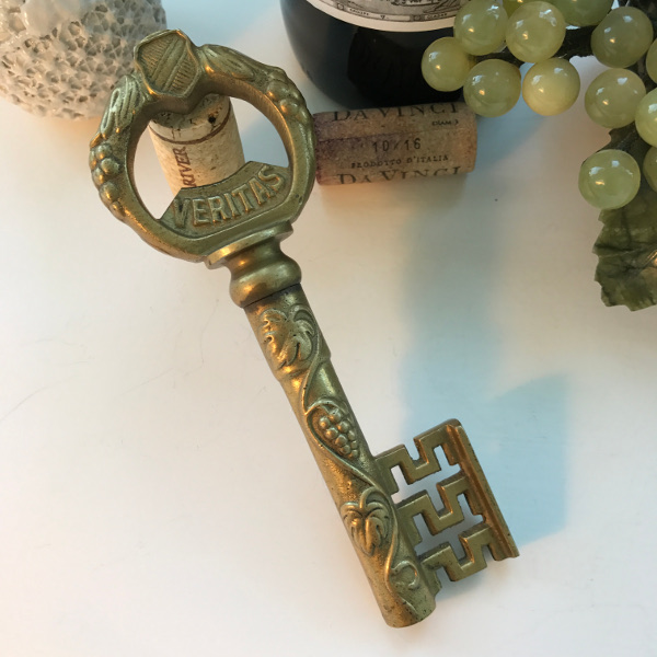 Vintage Key Shaped Corkscrew, Brass Key Wine Opener, Vintage Brass